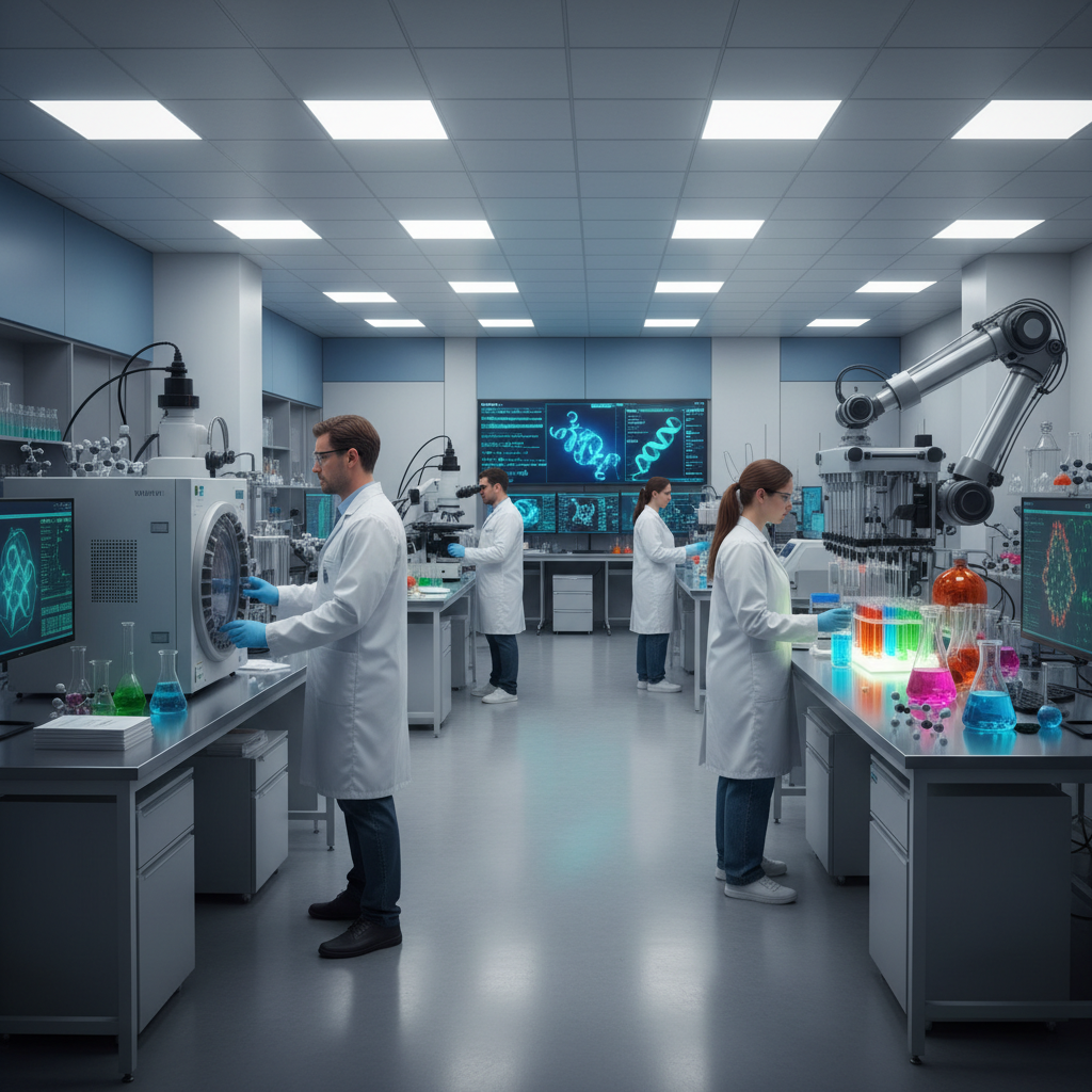 Em um laboratório de bioquímica de ponta, pesquisadores utilizam instrumentação avançada para desvendar os segredos das proteínas e desenvolver novas terapias. Este ambiente é crucial para avanços como a criação das jaulas moleculares.