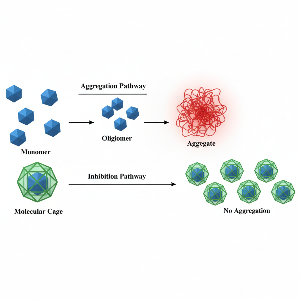 Este diagrama ilustra a agregação de proteínas, um mecanismo central em doenças neurodegenerativas, e como as jaulas moleculares podem isolar monômeros para prevenir sua associação patológica.