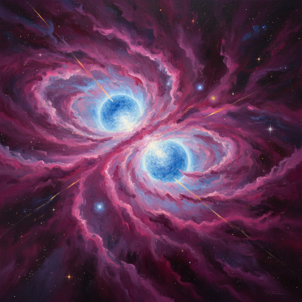 Uma representação artística do nascimento de estrelas massivas em uma região densa e turbulenta de formação estelar no universo jovem. Essas gigantes cósmicas moldam a evolução das galáxias e semeiam o cosmos com elementos pesados.