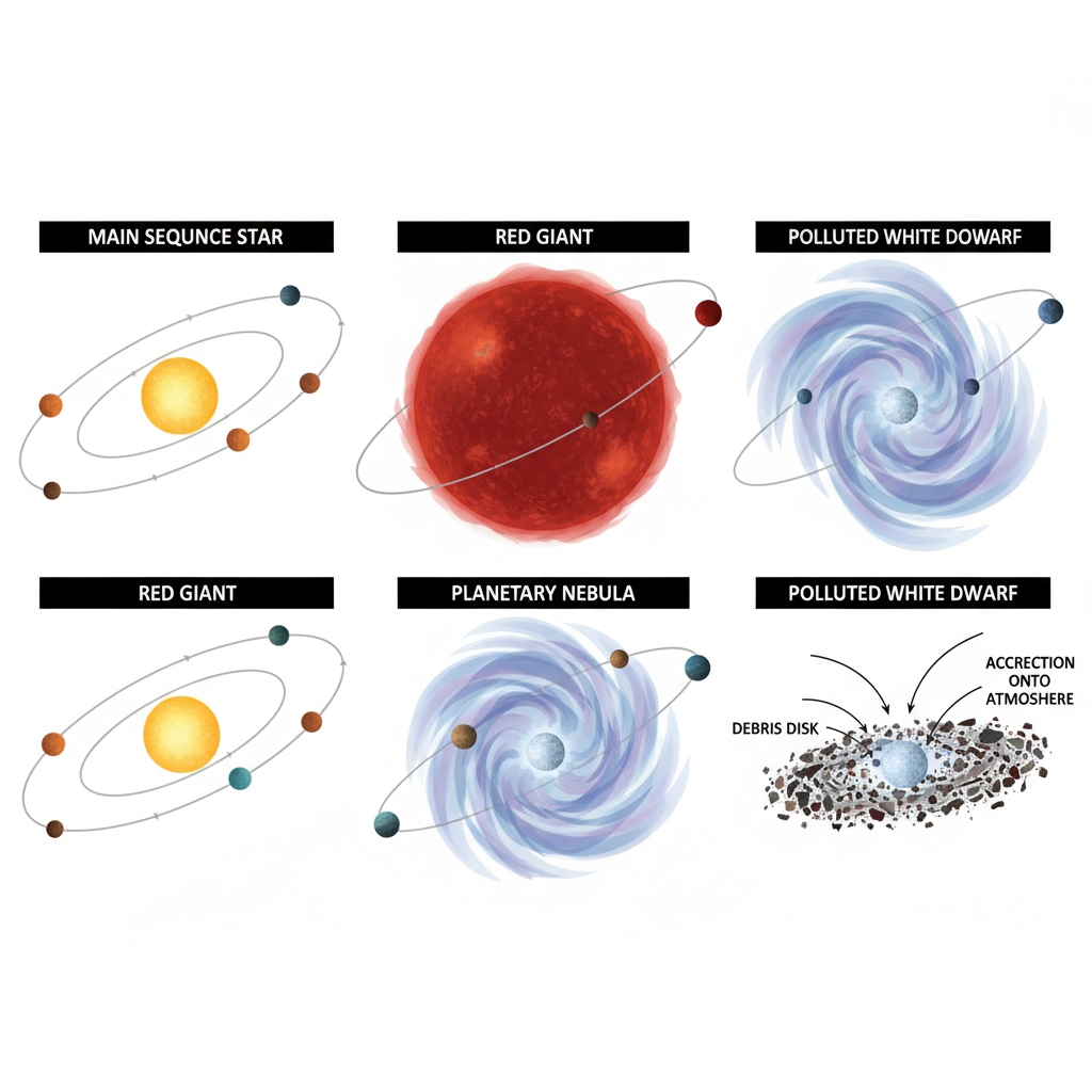 Diagrama esquemático ilustra o destino de um sistema planetário: após a fase de gigante vermelha, a estrela se torna uma anã branca, acumulando em sua atmosfera os restos de planetas que não sobreviveram.