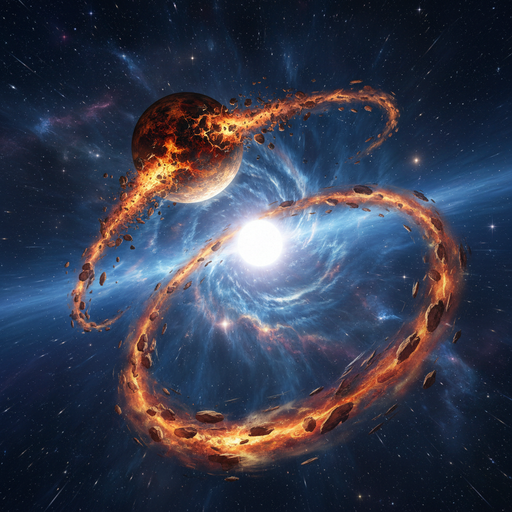 Uma representação artística da dança cósmica da destruição, onde um planeta rochoso é dilacerado pelas forças gravitacionais implacáveis de uma anã branca, seus fragmentos se espalhando pelo espaço.