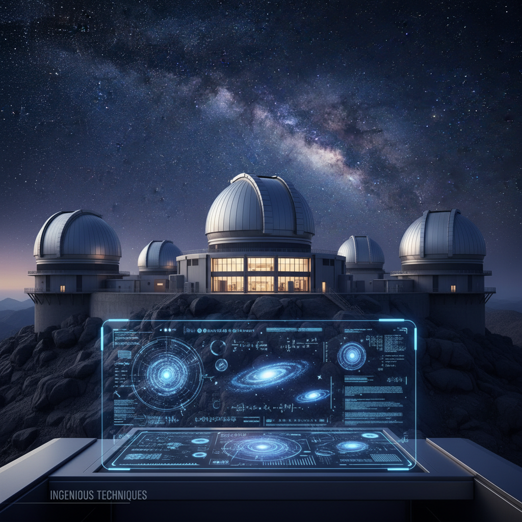 Telescópios modernos em um observatório de ponta, simbolizando a busca incessante por objetos cósmicos elusivos. Técnicas avançadas são cruciais para desvendar os segredos de galáxias de baixo brilho superficial.