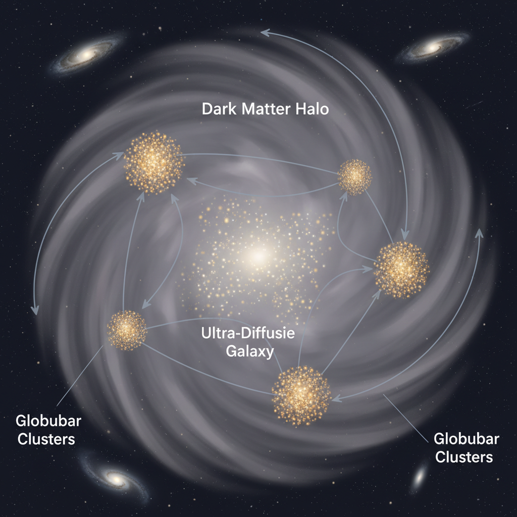 Diagrama ilustrativo mostrando como aglomerados globulares (pontos brilhantes) podem servir como marcadores para detectar galáxias de baixo brilho superficial, mesmo quando a maioria de suas estrelas permanece invisível.