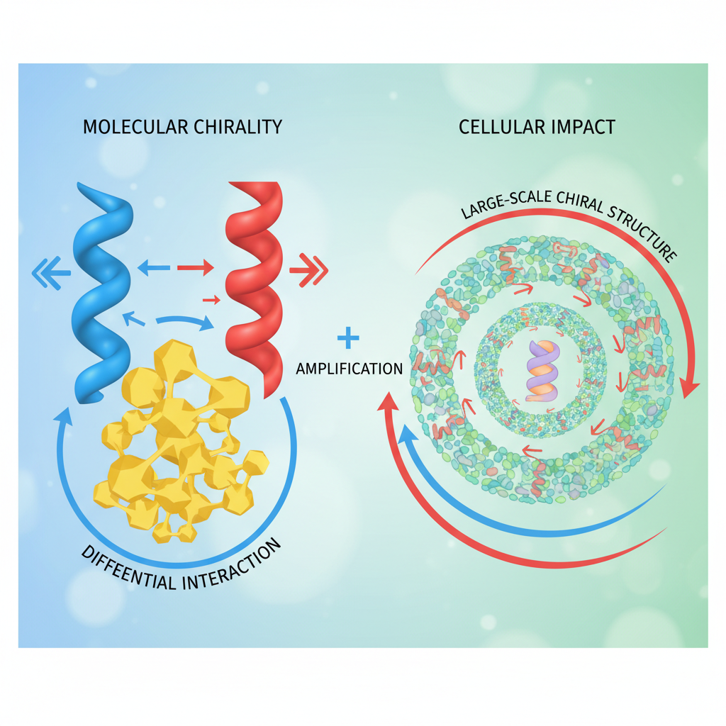Diagrama esquemático que ilustra o conceito de quiralidade molecular, mostrando como a assimetria em nível molecular pode gerar estruturas organizadas e direcionais em escala celular, como os anéis de actina.