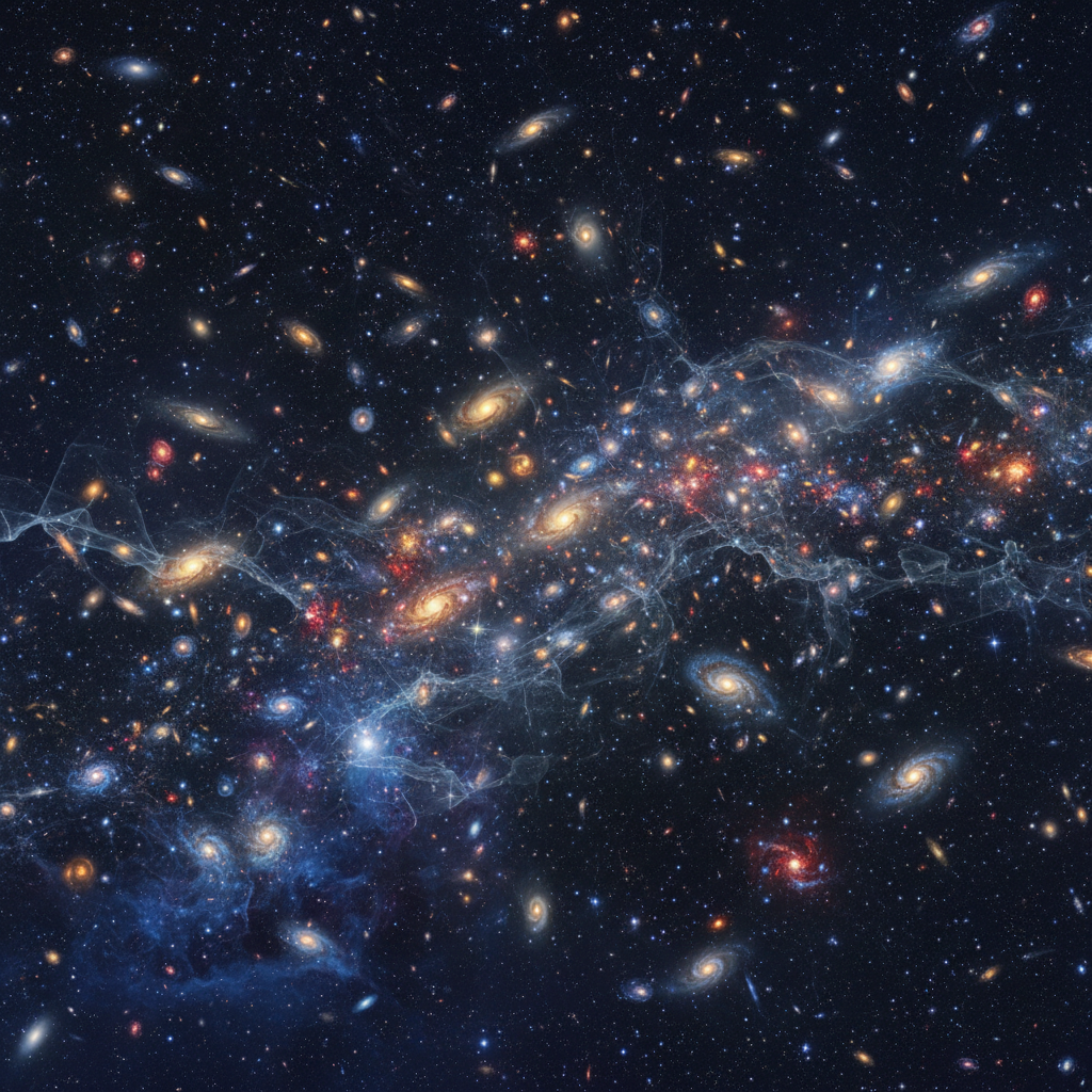 O vasto e intrincado tapeçar do cosmos, onde galáxias brilhantes se destacam, enquanto a matéria escura e as galáxias 'fantasma' permanecem como sussurros invisíveis, moldando o universo.