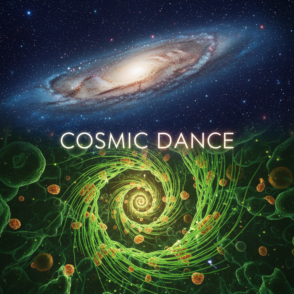 Uma imagem impactante que justapõe a majestade de uma galáxia espiral com a complexidade de uma célula, visualizando a analogia entre a formação de estruturas cósmicas e a auto-organização molecular da vida.