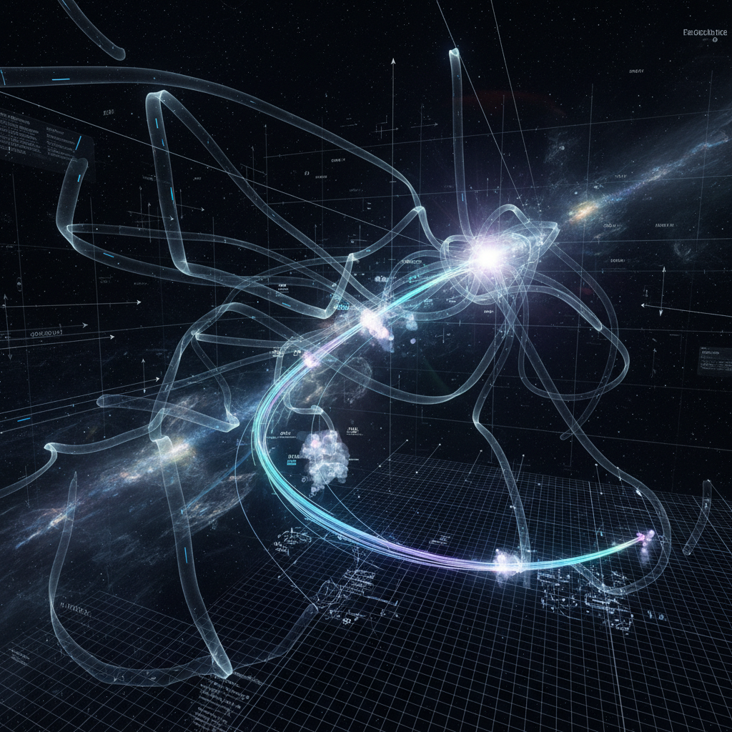 Um diagrama conceitual ilustrando a metodologia de simulação 3D e inferência bayesiana usada para rastrear a origem de raios cósmicos. A trajetória da partícula é distorcida por campos magnéticos intergalácticos, exigindo modelos complexos para determinar sua fonte real.