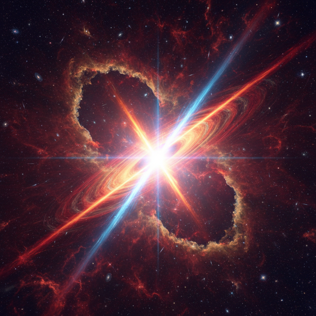 Uma representação visual impactante de um evento astrofísico extremo, como a formação de jatos de um buraco negro supermassivo. Tais fenômenos são considerados as possíveis 'fábricas' cósmicas capazes de gerar raios cósmicos de energia ultra-alta como Amaterasu.