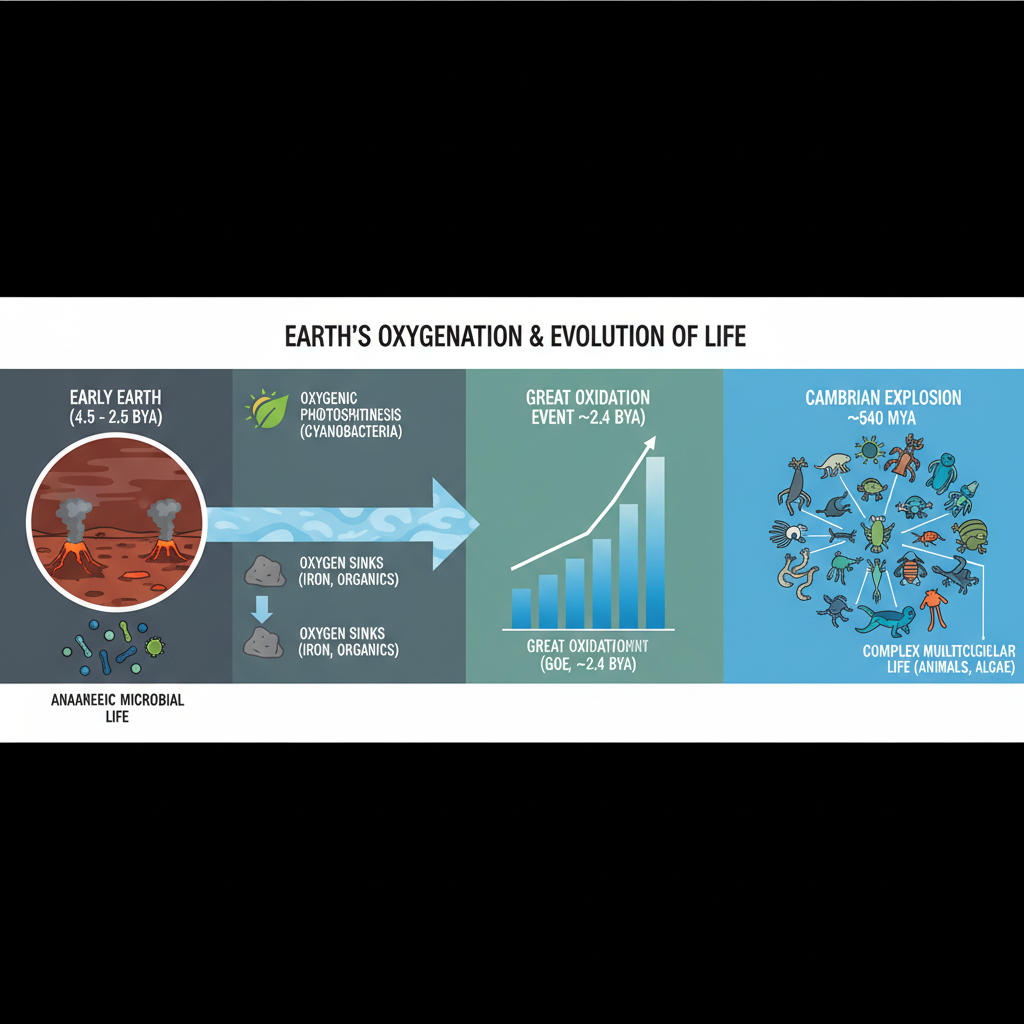 Este diagrama ilustra a complexa cronologia da ascensão do oxigênio na Terra, desde o surgimento da fotossíntese oxigênica até o Grande Evento de Oxigenação e a explosão da vida complexa.