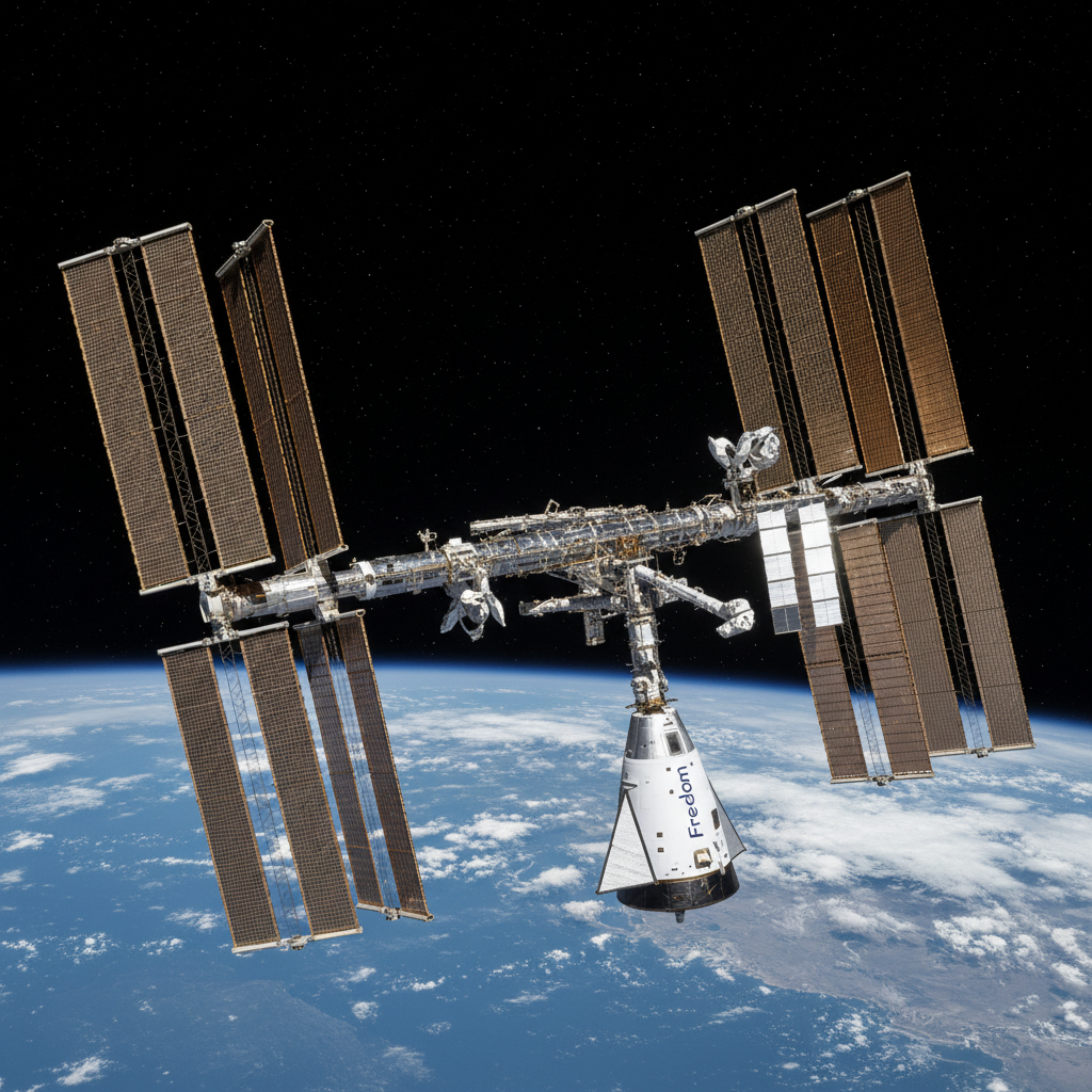 A cápsula Crew Dragon 'Freedom' acoplada à Estação Espacial Internacional (ISS), simbolizando a colaboração internacional e o avanço no transporte tripulado em 2026.