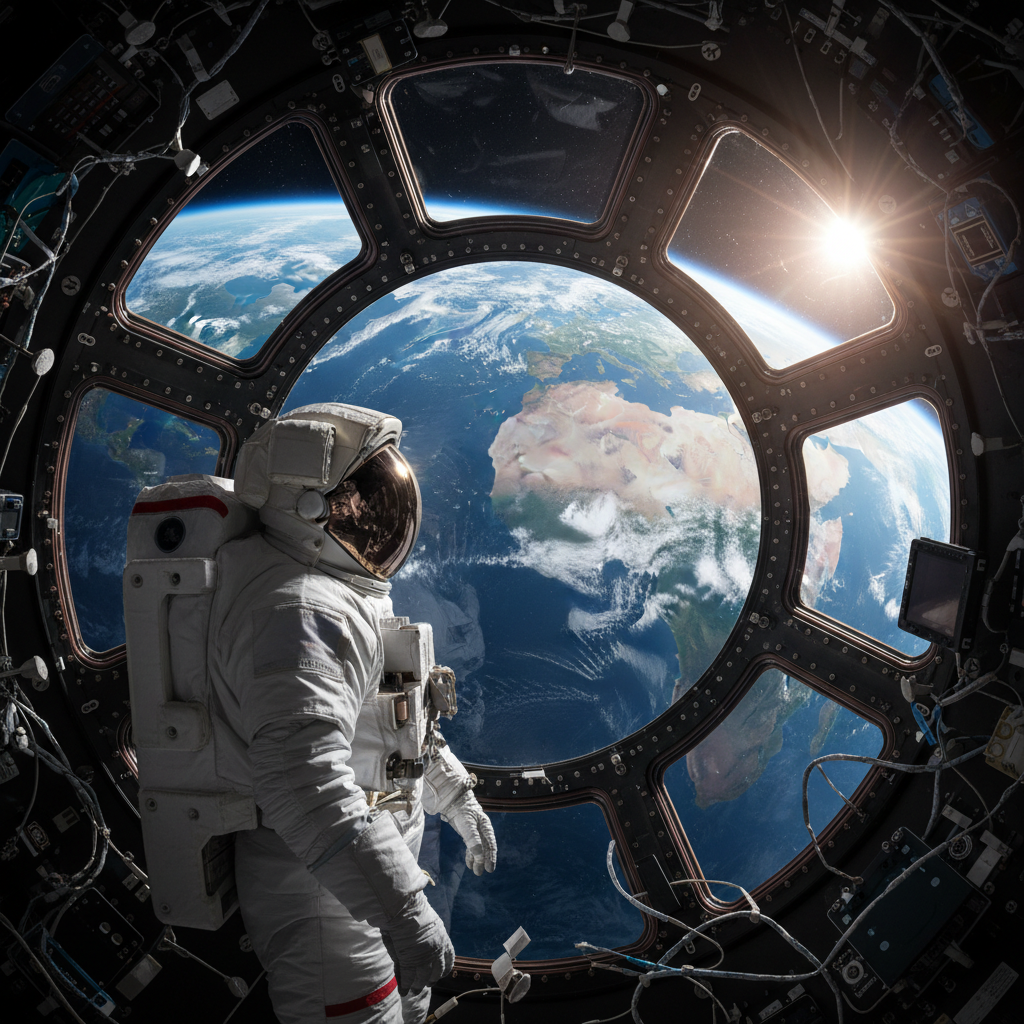 Um astronauta contempla a Terra a partir da Estação Espacial Internacional, uma perspectiva que inspira a humanidade a continuar explorando as fronteiras do espaço.