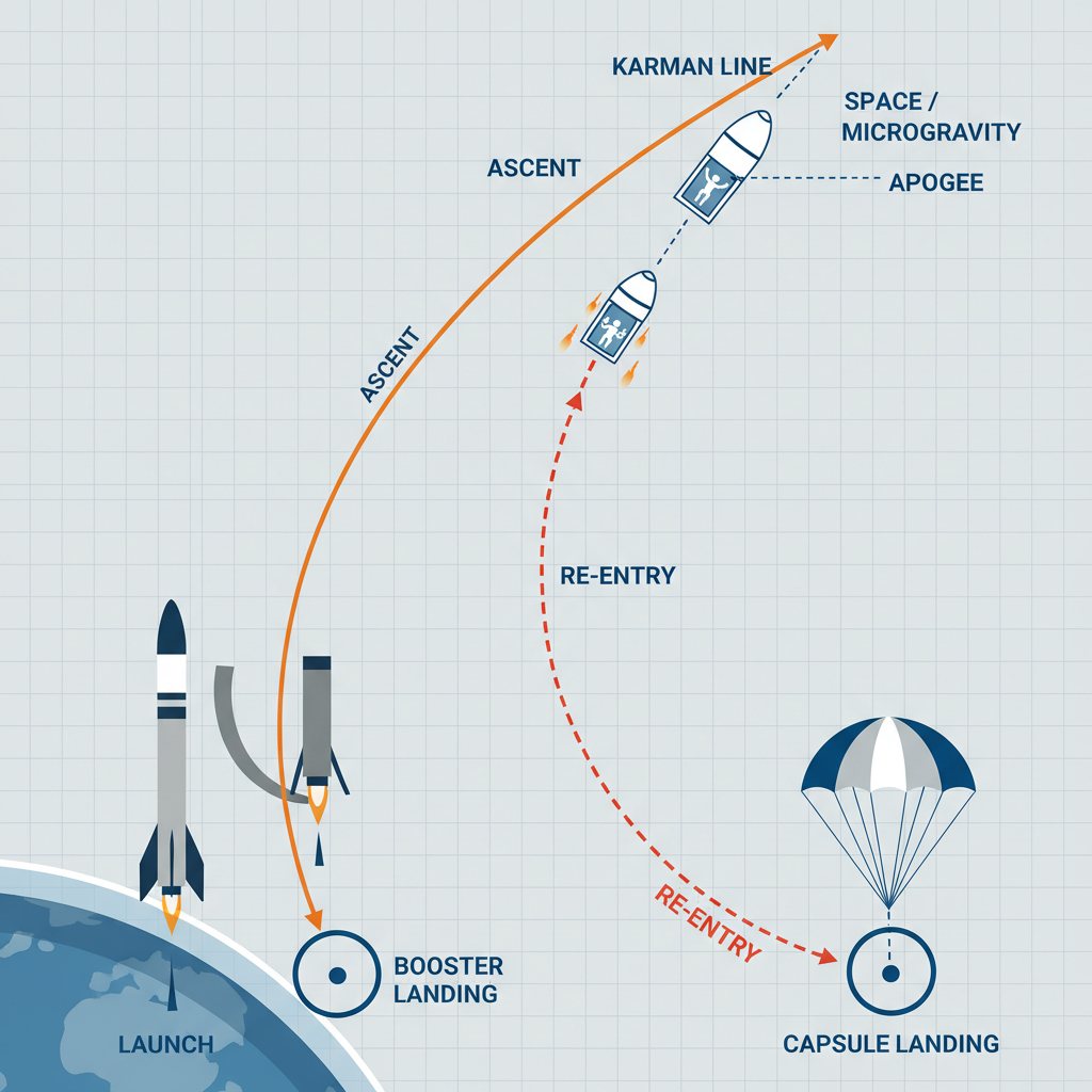 Diagrama esquemático detalhando a trajetória de um voo espacial suborbital, desde o lançamento e separação da cápsula até o retorno seguro à Terra, ilustrando a complexidade da engenharia por trás do turismo espacial.