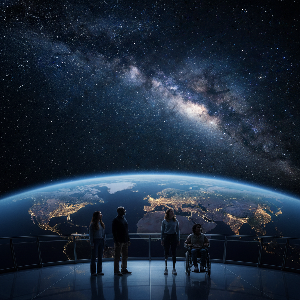 A Terra iluminada por milhões de luzes, vista do espaço, com a Via Láctea ao fundo, simboliza a nova era em que o cosmos se torna acessível a uma humanidade cada vez mais diversificada.