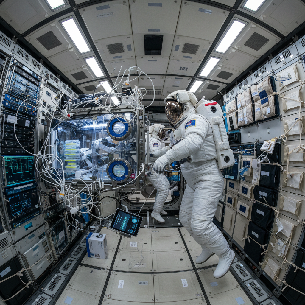 O interior de um módulo da Estação Espacial Internacional (ISS) revela astronautas realizando experimentos científicos em um ambiente de microgravidade, um laboratório vital em órbita.