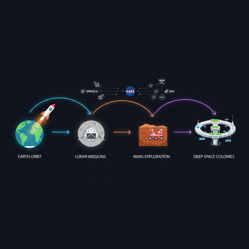 Diagrama esquemático ilustrando a jornada da humanidade no espaço, desde as missões terrestres até a exploração lunar e marciana, com a colaboração crescente entre agências e empresas privadas.