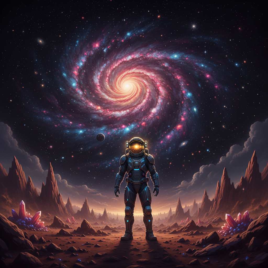 Um astronauta solitário contempla a vastidão do cosmos em um cenário alienígena, simbolizando a audácia humana e a busca incessante por um futuro interplanetário.