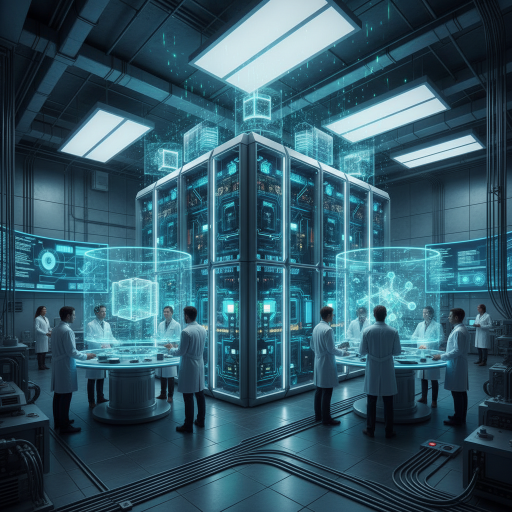 Cientistas em um laboratório de supercomputação avançado, utilizando simulações digitais para desvendar os segredos dos materiais de bateria, um salto da experimentação tradicional.