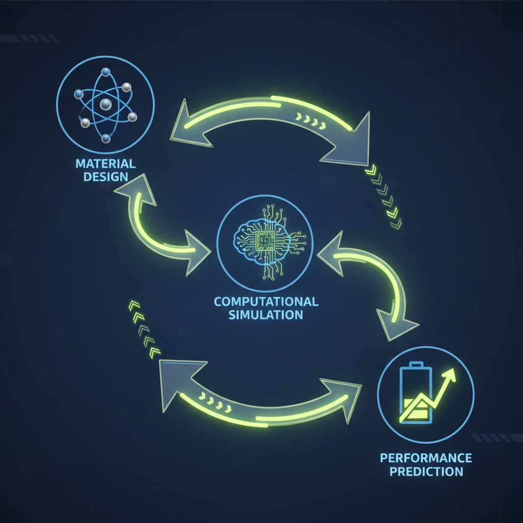 Diagrama esquemático que ilustra o ciclo de otimização de materiais de bateria através de modelagem e simulação computacional, acelerando o desenvolvimento de novas tecnologias.