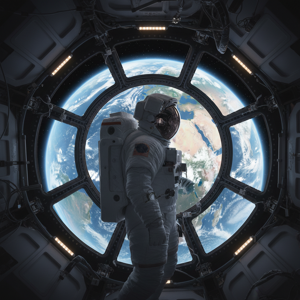 Um astronauta contempla a Terra da Cúpula da ISS, um lembrete da beleza e fragilidade do nosso planeta, visto de um posto avançado da humanidade no cosmos.