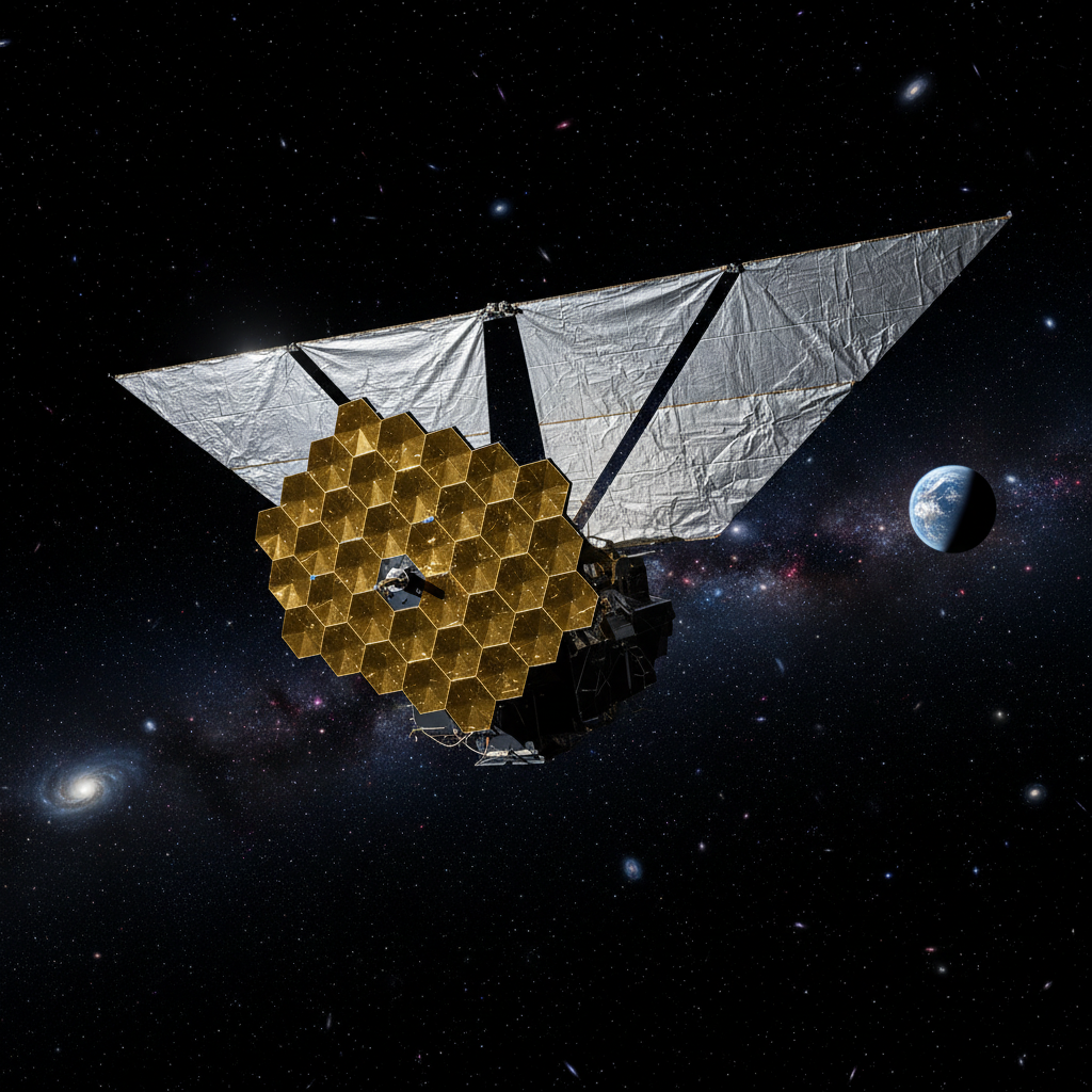 O Telescópio Espacial James Webb (JWST) orbita a Terra, com seus espelhos dourados e escudo solar, representando o mais avançado olho da humanidade para o universo.