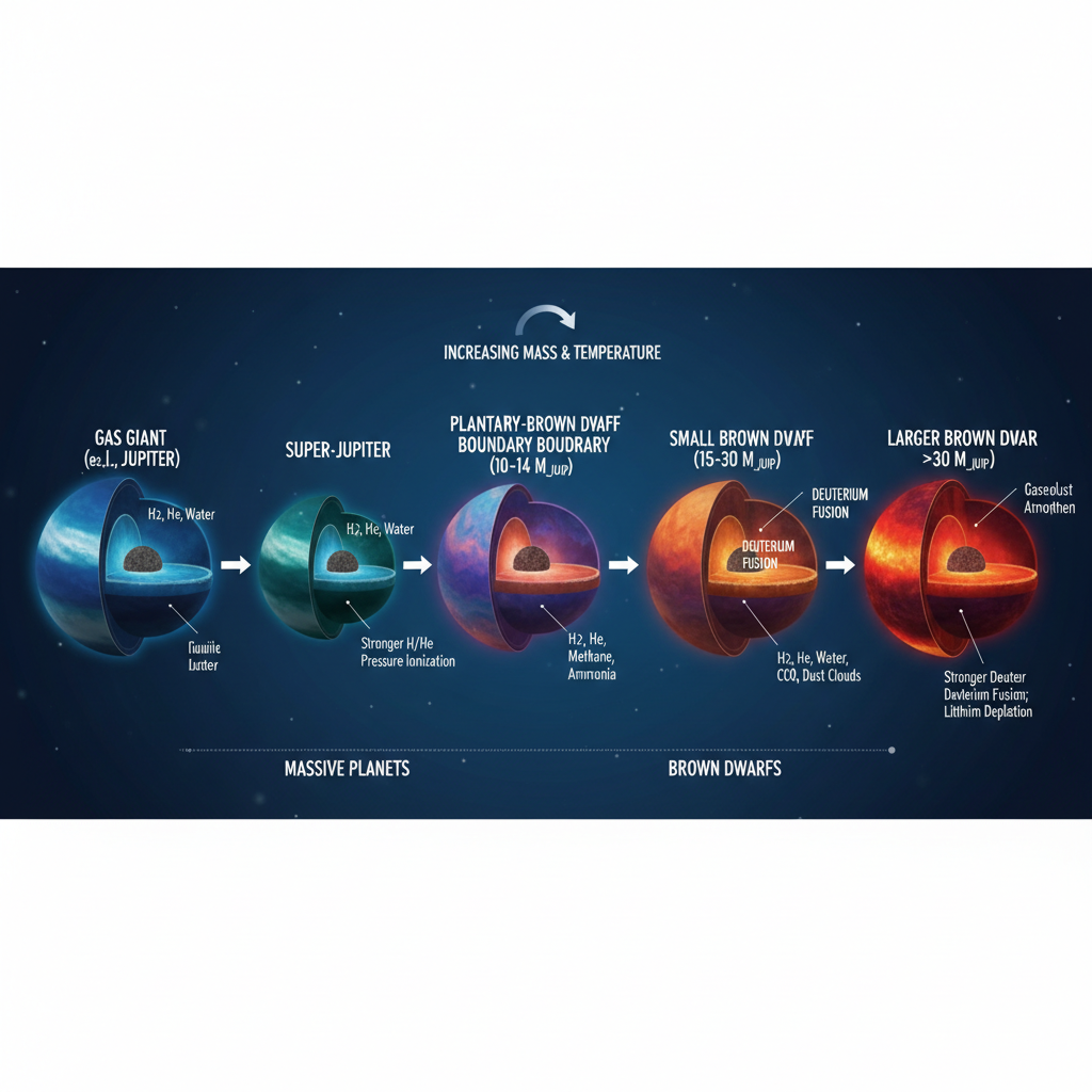 Este diagrama ilustra a 'zona cinzenta' entre planetas gigantes e anãs marrons, uma fronteira tênue que o JWST está ajudando a redefinir com novas observações de exoplanetas.