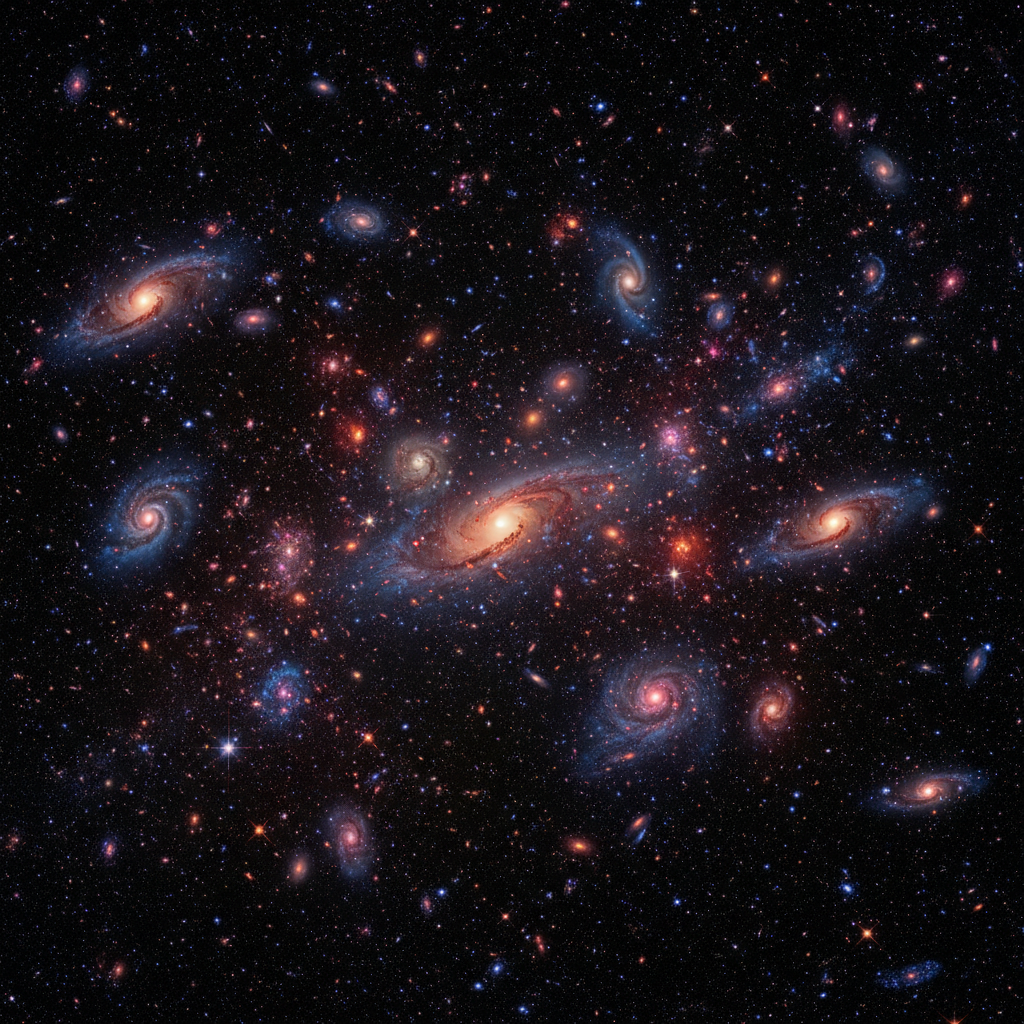 Um campo profundo do JWST revela milhares de galáxias distantes, algumas formadas nas primeiras eras do universo, oferecendo uma visão sem precedentes da evolução cósmica.