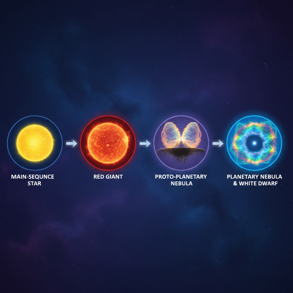 Este diagrama ilustra o ciclo de vida de uma estrela como o Sol, desde seu nascimento até a formação de uma nebulosa planetária. A ejeção de material enriquece o meio interestelar, semeando futuras gerações de estrelas e planetas.