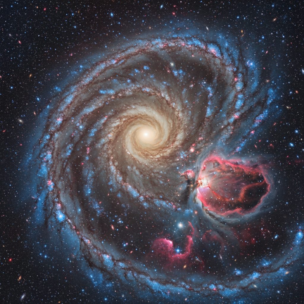 No coração de galáxias espirais, berçários estelares como este acendem-se, revelando a eterna dança cósmica de nascimento e renovação. Cada ponto de luz conta uma história de evolução e transformação no universo.