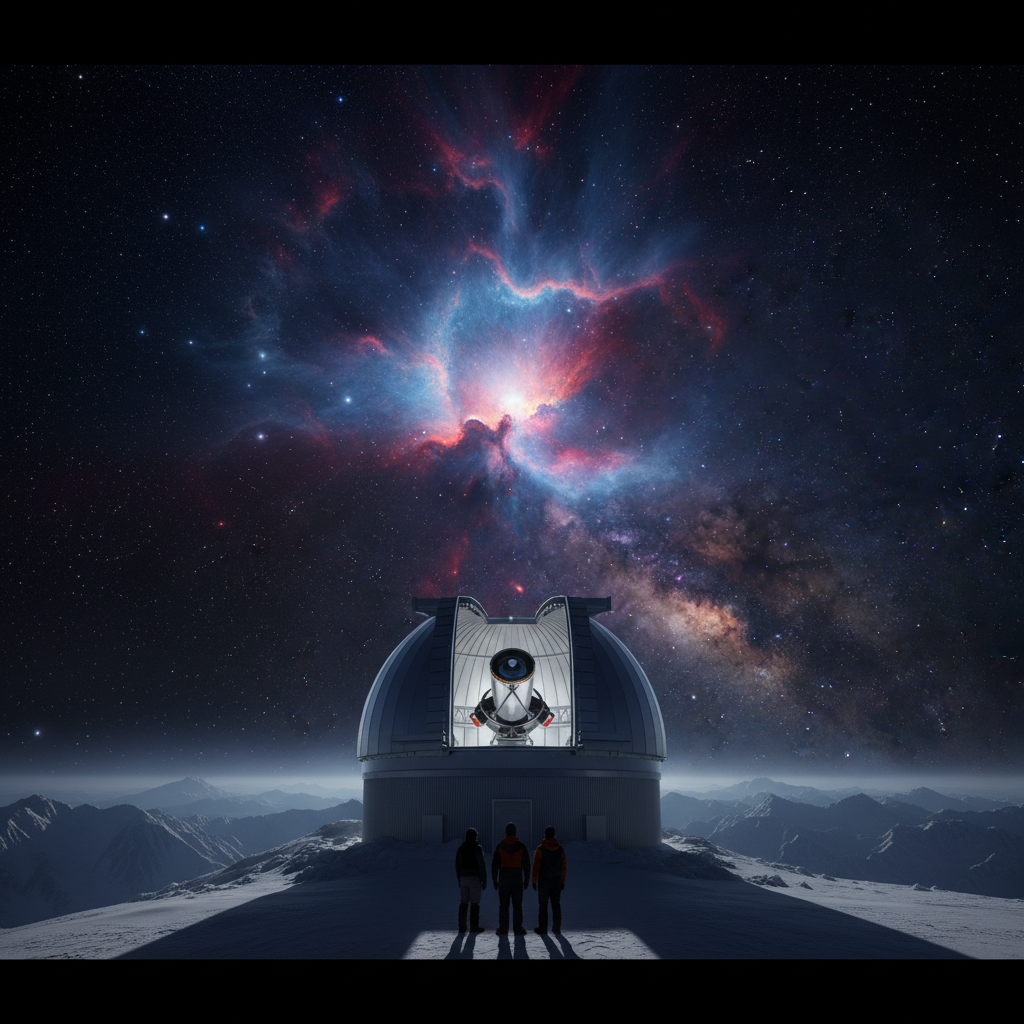 Um observatório moderno, simbolizando a busca incessante da humanidade por conhecimento e a inspiração que o cosmos proporciona a cientistas e sonhadores.