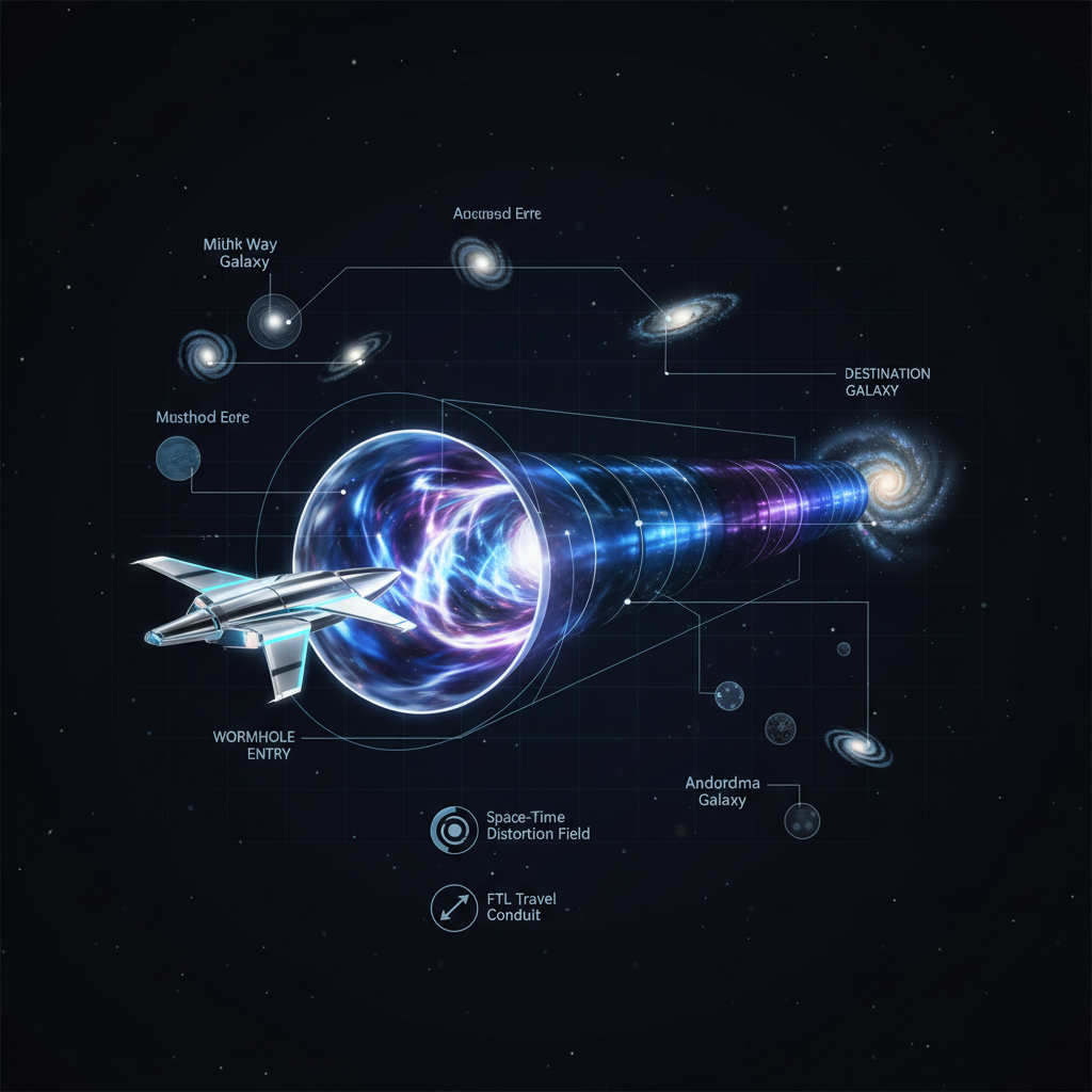 Um diagrama esquemático que visualiza a teoria de viagens intergalácticas, como a navegação por buracos de minhoca, um conceito frequente na ficção científica que impulsiona a imaginação e a pesquisa.