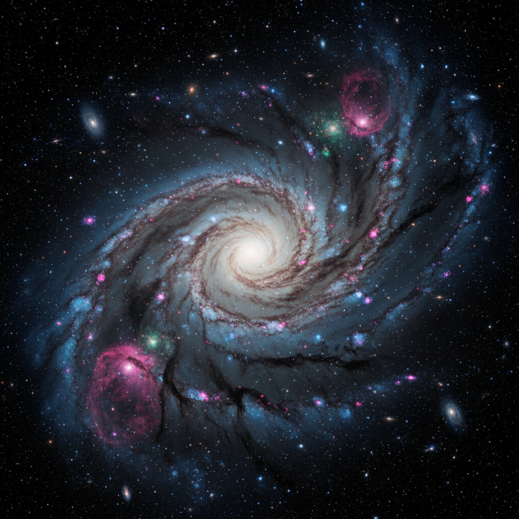 A grandiosidade de uma galáxia espiral, um cenário que evoca a infinidade de possibilidades e mistérios que aguardam exploração, tanto na ciência quanto na ficção.