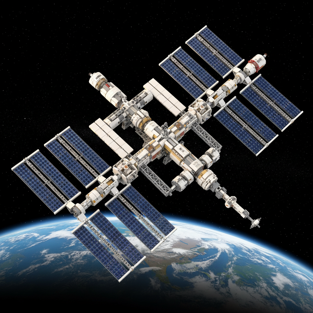 Uma representação detalhada da Estação Espacial Internacional, recriada com blocos de montar, ilustrando a paixão por replicar a engenharia espacial real em miniatura.
