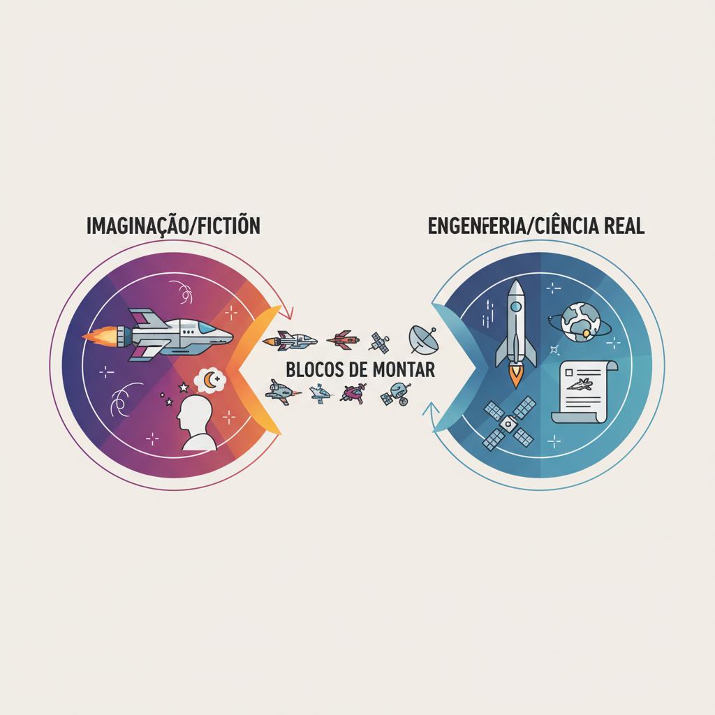 Um diagrama conceitual que ilustra como os blocos de montar servem como ponte entre a imaginação fértil da ficção científica e as conquistas tangíveis da engenharia espacial.