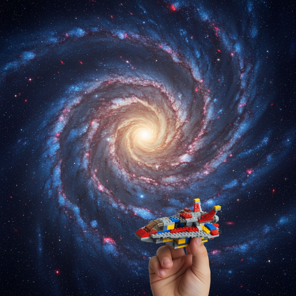 A imensidão de uma galáxia espiral serve de pano de fundo para uma nave de blocos de montar, simbolizando a grandiosidade cósmica e o eterno espírito humano de exploração e sonho.