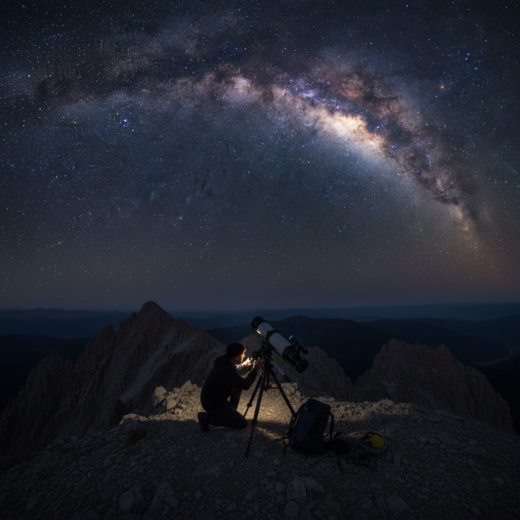 Um astrofotógrafo dedicado prepara seu equipamento sob um céu noturno deslumbrante, capturando a beleza da Via Láctea. A paciência e o domínio técnico são essenciais para revelar os mistérios do cosmos através das lentes terrestres.