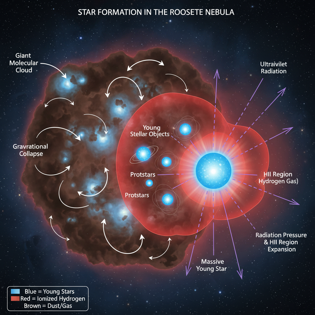Este diagrama ilustra o ciclo de formação estelar dentro de uma nebulosa, onde nuvens de gás e poeira colapsam para formar novas estrelas. A luz ultravioleta dessas estrelas ioniza o hidrogênio circundante, criando o brilho característico das nebulosas de emissão.