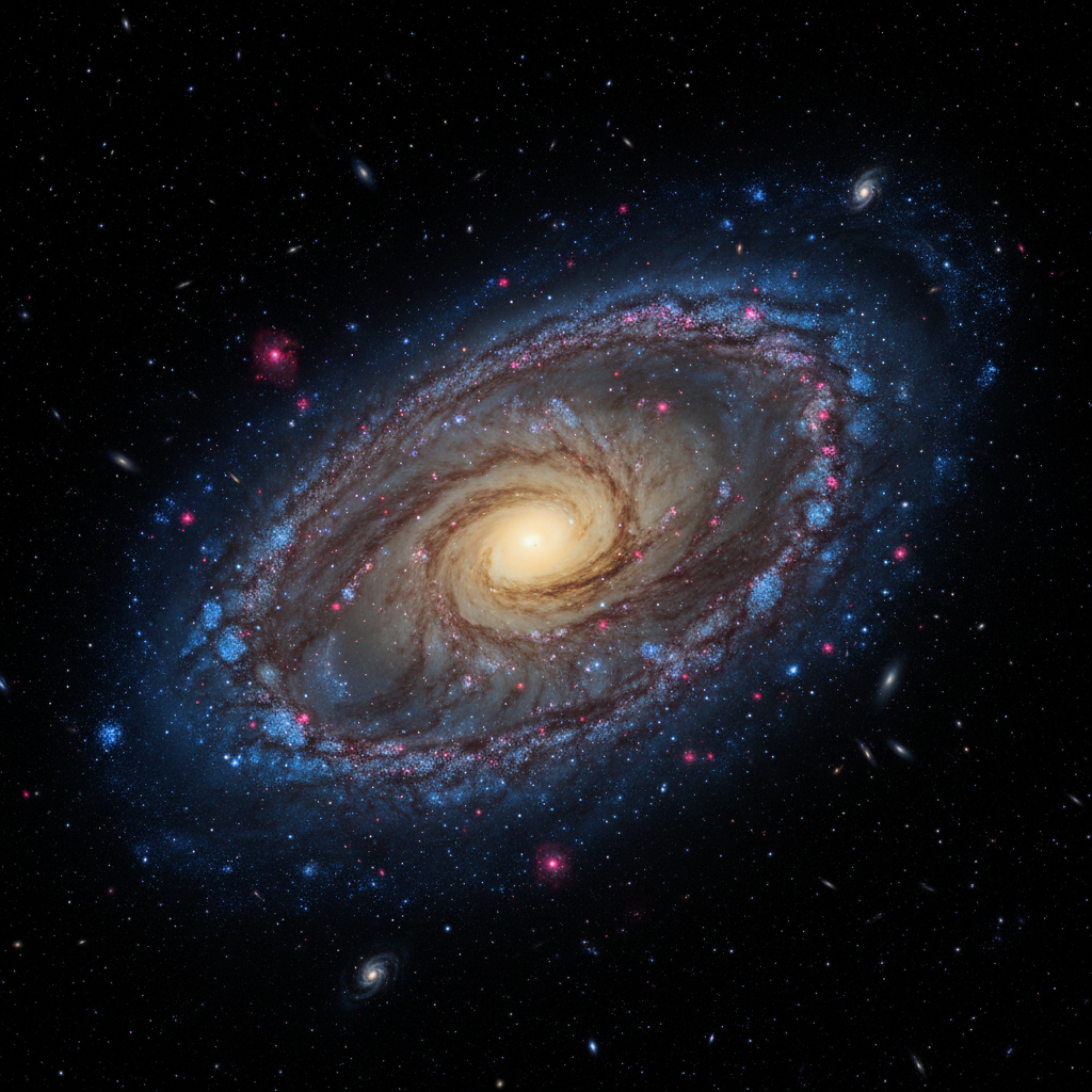 Uma majestosa galáxia espiral se desenrola em todo o seu esplendor, com braços repletos de estrelas jovens e brilhantes e nuvens de poeira cósmica. Esta imagem de impacto visual nos lembra da grandiosidade e complexidade do universo.