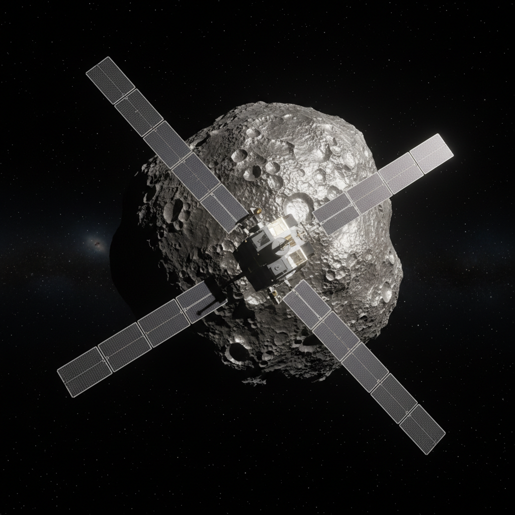A sonda Psyche da NASA em sua jornada audaciosa, orbitando o asteroide metálico 16 Psyche. Seus instrumentos coletarão dados cruciais sobre a composição e história deste corpo celeste.