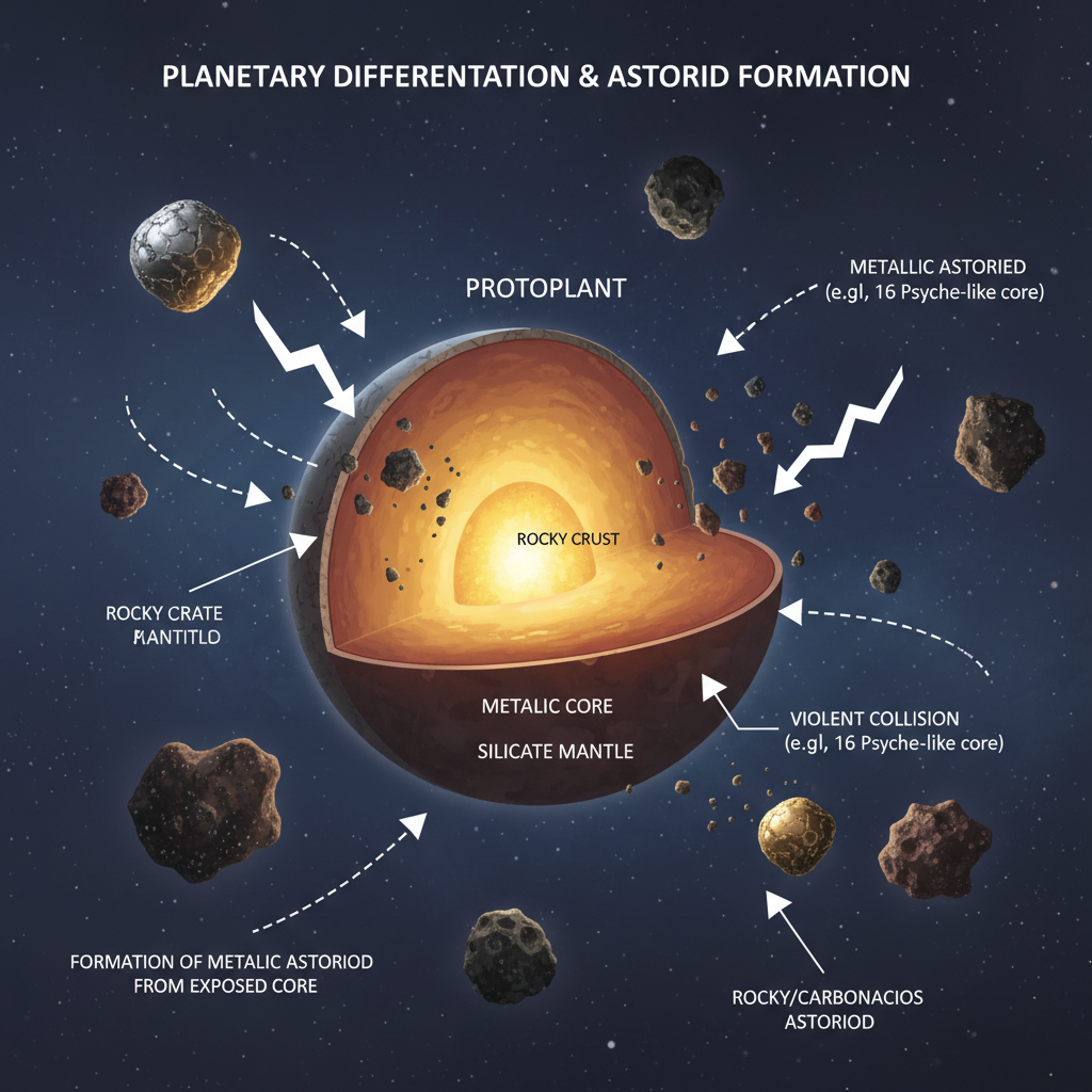 Diagrama conceitual que ilustra como colisões violentas no início do Sistema Solar podem ter exposto o núcleo metálico de protoplanetas, formando asteroides como 16 Psyche.
