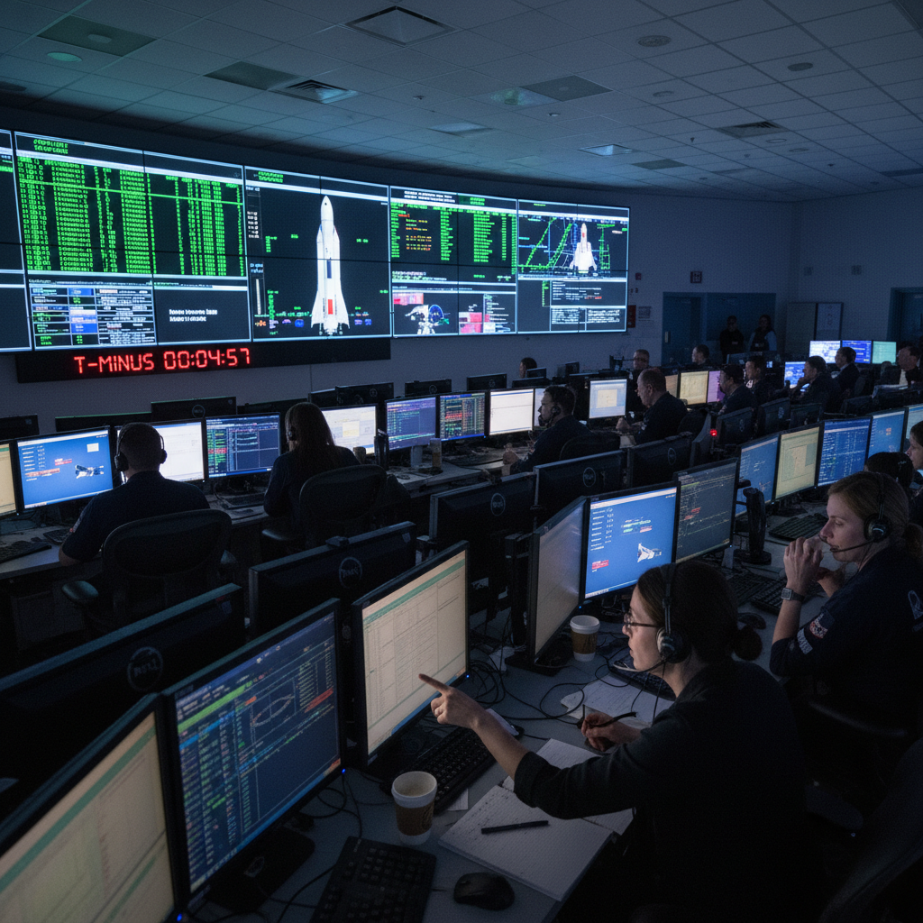 Engenheiros e técnicos monitoram atentamente os sistemas do foguete SLS no centro de controle da missão durante o ensaio geral molhado do Artemis II. A precisão e a colaboração são essenciais para o sucesso da exploração espacial.