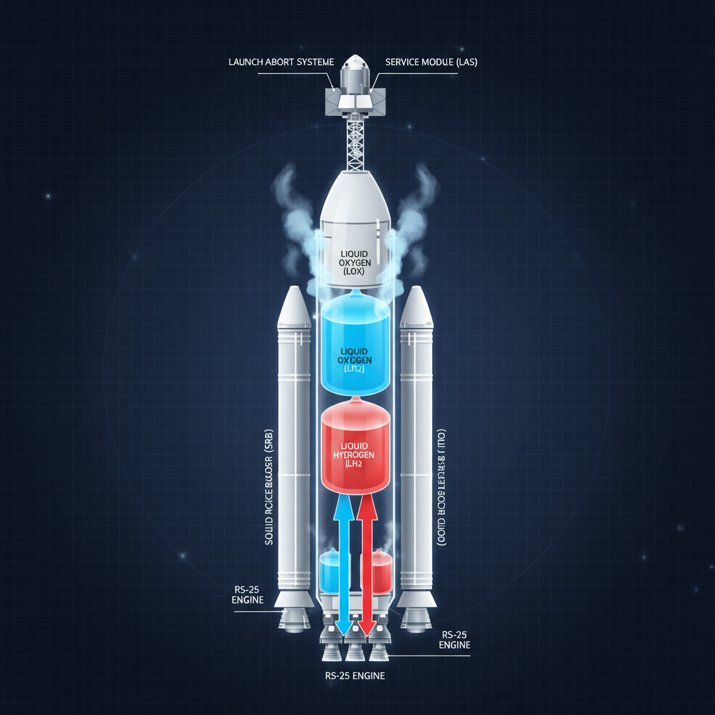 Diagrama técnico do foguete SLS, detalhando seus estágios e o fluxo de propelentes criogênicos. A engenharia complexa por trás do SLS é fundamental para impulsionar a missão Artemis II à Lua.
