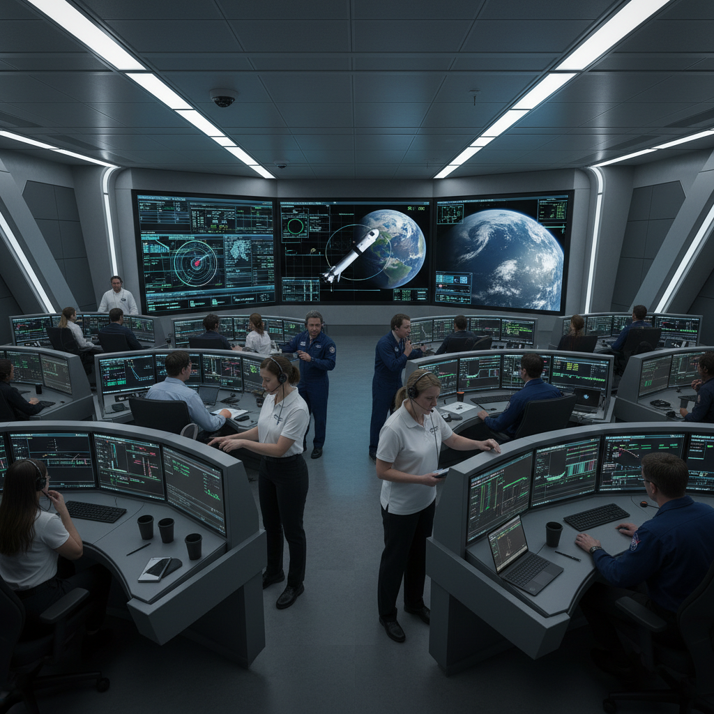 No coração do Centro Espacial Kennedy, engenheiros e controladores de voo monitoram os sistemas do SLS e da cápsula Orion. Este centro de controle é o cérebro da missão Artemis II, coordenando cada etapa da preparação e do voo.