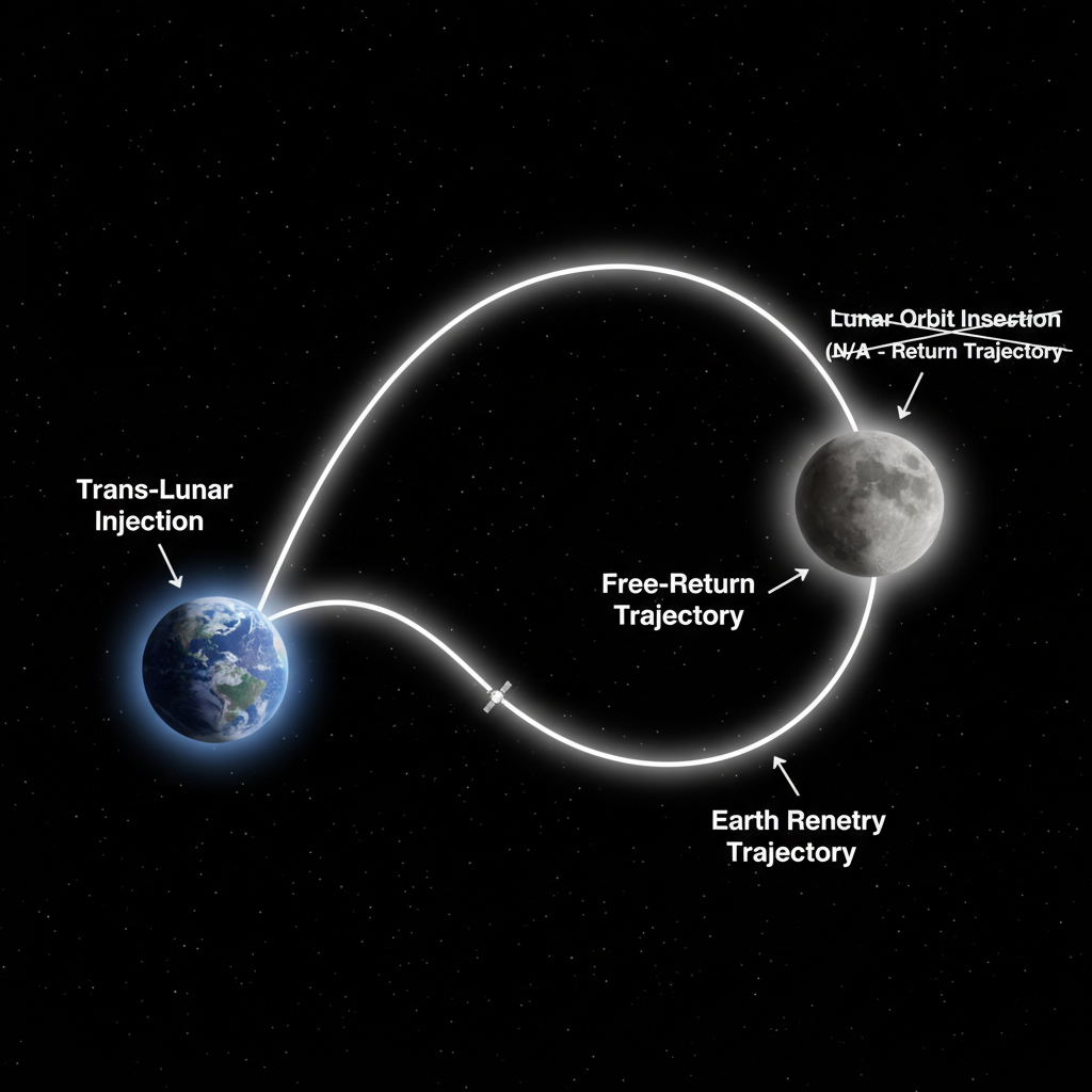 Representação esquemática da trajetória da missão Artemis II, destacando o percurso da cápsula Orion ao redor da Lua. Este voo de teste crucial preparará o caminho para o retorno da humanidade à superfície lunar.