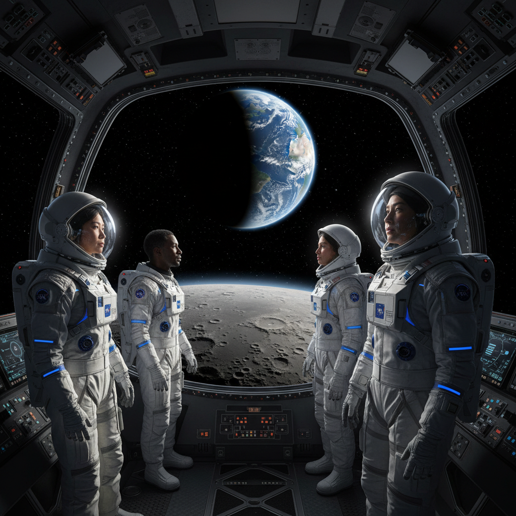 Uma visão inspiradora da tripulação da Artemis II em órbita lunar, com a Terra surgindo no horizonte. Esta imagem simboliza o retorno da humanidade à vizinhança lunar e a audácia da exploração espacial.