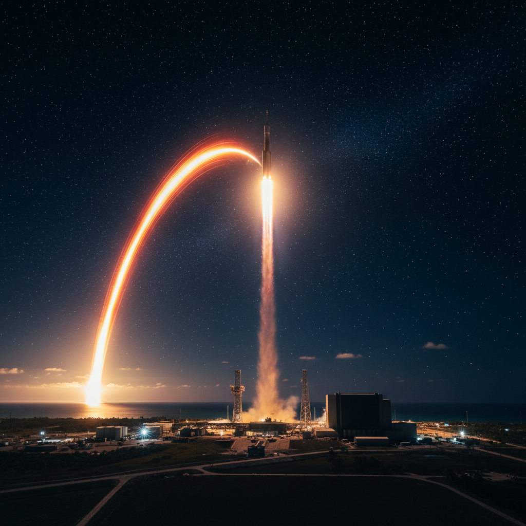 Uma visão espetacular do foguete SLS ascendendo ao céu noturno, com seus motores RS-25 criando um rastro de fogo. Esta imagem simboliza a grandiosidade e a ambição da humanidade em seu retorno à Lua com a missão Artemis.