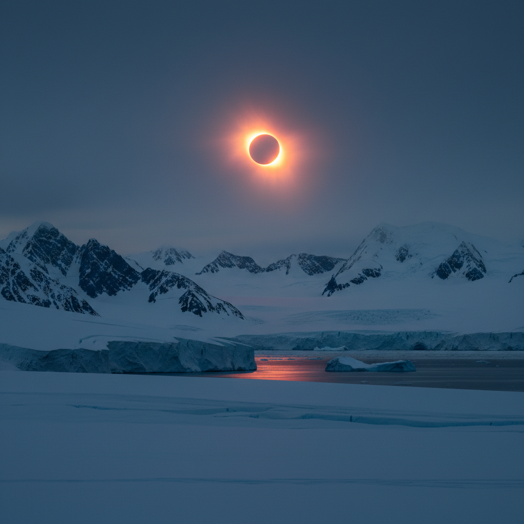 Um eclipse solar anular transforma a paisagem gelada da Antártida em um palco para um espetáculo cósmico raro, onde o 'anel de fogo' do Sol ilumina o horizonte polar.