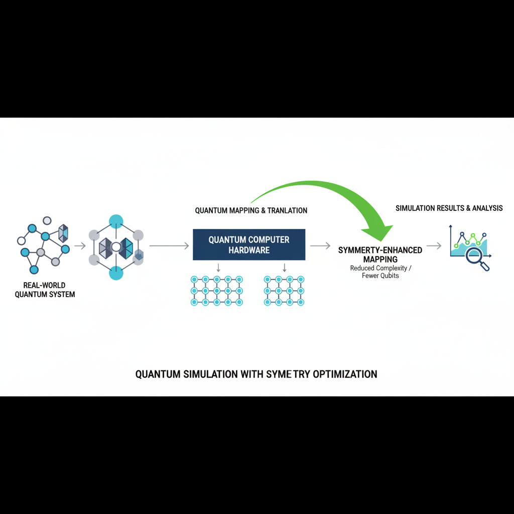Um diagrama esquemático que ilustra como a otimização por simetria simplifica a tradução de sistemas quânticos complexos para a arquitetura de qubits, reduzindo drasticamente o esforço computacional.