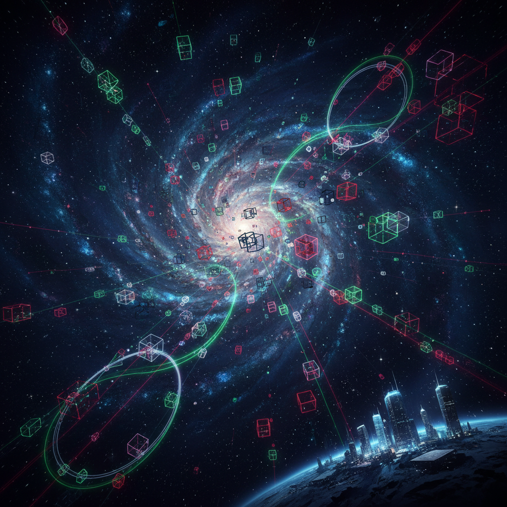 Uma visão espetacular que une a grandiosidade do universo com a delicadeza do reino quântico, simbolizando o potencial transformador da computação quântica para desvendar os segredos mais profundos da natureza.