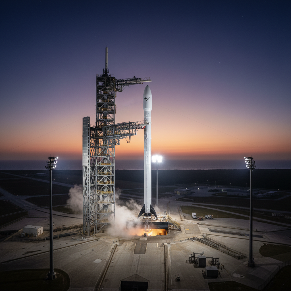 O complexo de lançamento em Cabo Canaveral, Flórida, banhado pelas primeiras luzes do amanhecer, aguarda a decolagem do foguete Falcon 9 para a missão Crew-12.