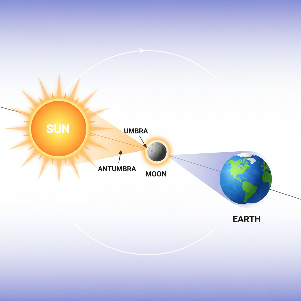 Este diagrama ilustra a mecânica precisa de um eclipse solar anular, onde a Lua, em seu ponto mais distante da Terra, não cobre totalmente o Sol, formando o icônico 'anel de fogo'.